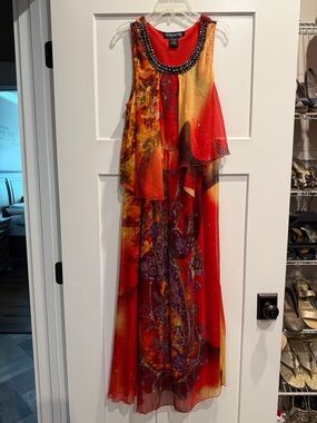 Bohemian Cafe Red Yellow & Orange Jeweled Neck Floral Maxi Dress Boho Size M